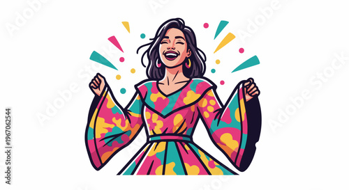 Joyful woman in colorful dress dancing with confetti
