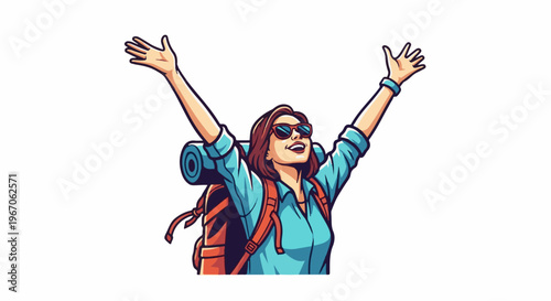 Joyful woman with backpack, arms raised in celebration