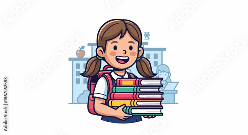 Joyful young student with books and backpack in front of school buildings