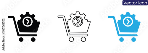 Shopping cart with gear icon on white background, Vector icons set