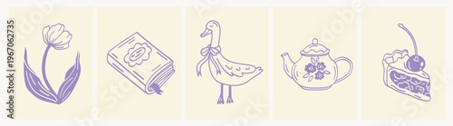 Modern cute doodle card and banner set with tulip, book, goose, teapot and cherry pie in cottagecore style for spring greeting cards, invitations and social media