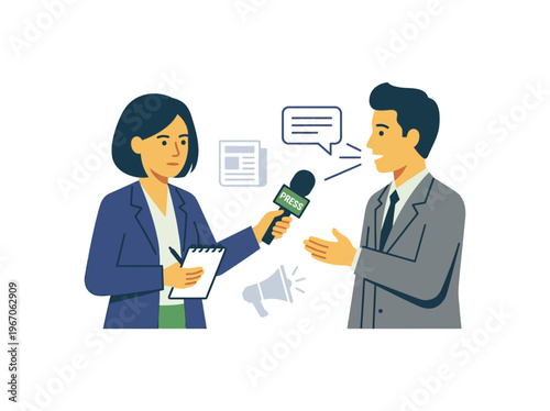 Flat vector illustration of a journalist interviewing a man, capturing a press conference or news report with speech bubbles and megaphone icons.