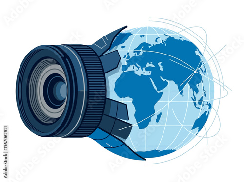Abstract flat vector illustration of a camera lens transforming into a world globe, symbolizing global photography, media, and communication.