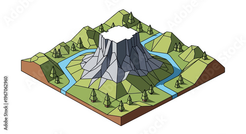 Volcano landscape illustration with river and trees.