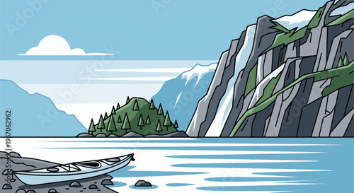 Kayak rests on rocky shore with waterfall, mountains, and island in background