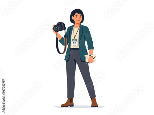 Flat vector art of a professional female journalist standing with camera and notebook, ready for media news coverage.
