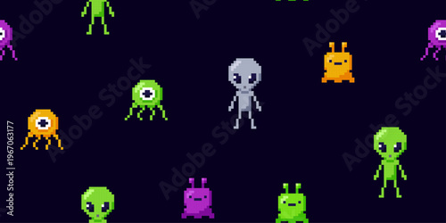 Alien characters, UFO guest, humanoid, vector seamless pattern pixel art, space monsters 8 bit video game background