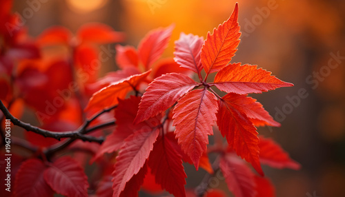 Red Autumn Leaves on Tree Branch in Warm Sunset Light