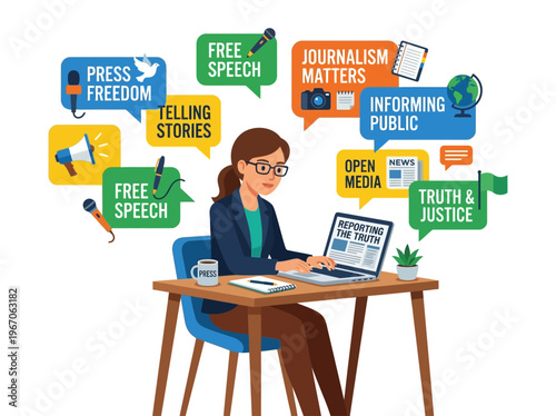 Flat vector illustration of a journalist championing press freedom and free speech, diligently reporting to inform the public.