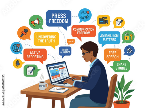 Vector illustration: Journalist typing on a laptop at a desk, embodying press freedom, active reporting, and communication rights.