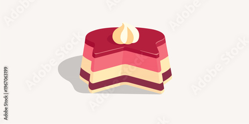 Star shaped layered berry pudding with whipped cream topping, colorful fruit jelly cake with multiple layers, sweet decorative dessert flat vector illustration isolated on white.