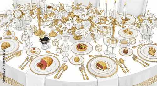 Elegant Gold and White Table Setting for Formal Dinner Party or Wedding Feast