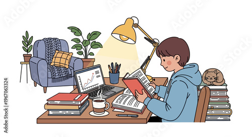 Young person studying at desk with books, laptop, and lamp