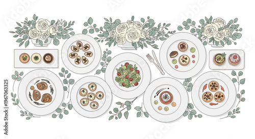 Elegant Table Setting with Gourmet Appetizers and Floral Decorations