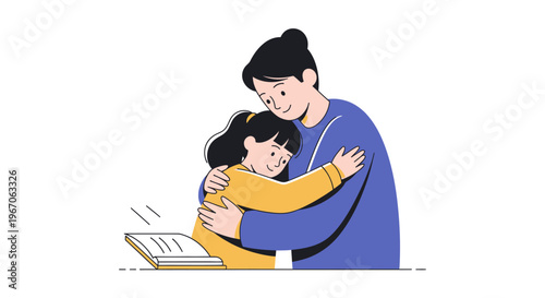 Mother Hugging Daughter With Open Book, Family Love, Education, Childhood, Care