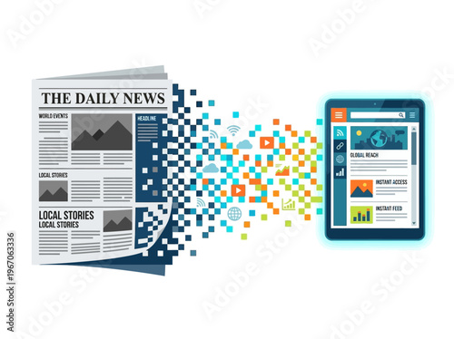 News' digital evolution: a print newspaper transforms into online content on a modern tablet, for global access.