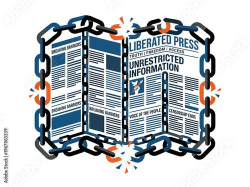 Flat vector illustration of a broken chain liberating press freedom, symbolizing unrestricted information and the end of censorship