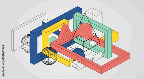 Abstract geometric shapes and forms in isometric perspective.