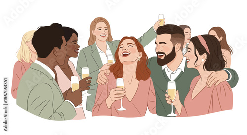 Diverse group of friends celebrating with champagne, laughing and toasting