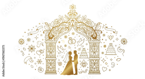 Elegant Golden Wedding Arch with Bride and Groom Silhouette Illustration