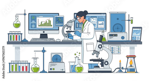 Scientist working in a modern laboratory with microscopes and digital equipment