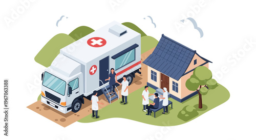 Mobile medical clinic provides healthcare services to a small house.
