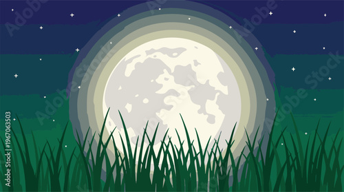 Full moon illuminating a starry night sky over green grass illustration