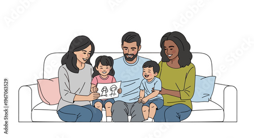 Diverse Family Sitting Together on Sofa, Showing Children's Drawings