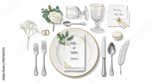 Elegant Wedding Table Setting with Place Card, Rings, Flowers, and Cutlery