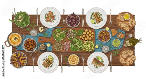 Overhead View of Healthy Mediterranean Feast Table Setting with Fish, Hummus, and Salad