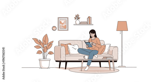 Woman reading book on couch in cozy living room, minimalist illustration