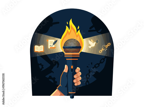 Dynamic flat vector concept: hand holding a fiery microphone torch, illuminating freedom, peace, knowledge, and breaking oppression.