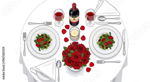 Romantic Dinner Table Setting for Two with Red Roses, Wine, Candles, and Food