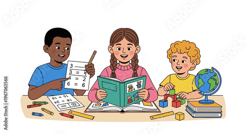 Diverse children learning math and reading together at a desk with globe and books