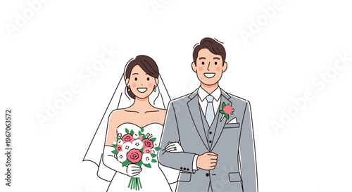 Happy Bride and Groom Couple Walking Together, Wedding Day Celebration, Romantic Love