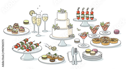 Elegant Wedding Buffet: Cake, Canapés, Skewers, Cocktails, and Desserts