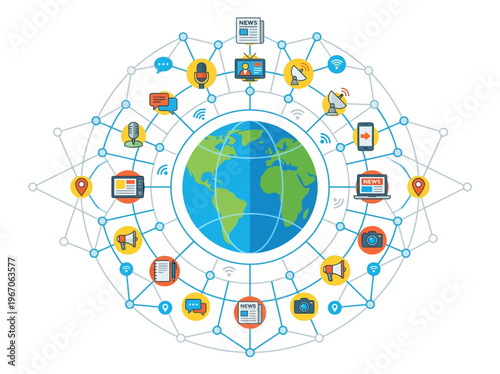 Global Communication Network Concept: A Flat Vector Illustration Depicting Worldwide Information Flow and Media Connectivity Around the Earth