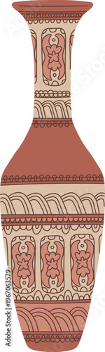 Elegant traditional Asian vase with floral ornaments, vector brown porcelain or clay tableware, vintage oriental pottery