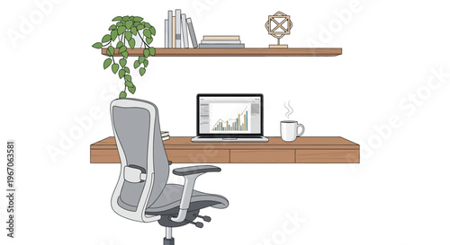 Modern Home Office Desk with Laptop, Chair, and Shelf Decor