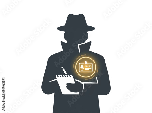 Flat vector illustration of a journalist silhouette. Fedora, trench coat, notepad, glowing press badge. News and investigation.