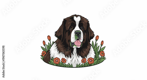 Large brown and white dog with green muzzle surrounded by orange flowers