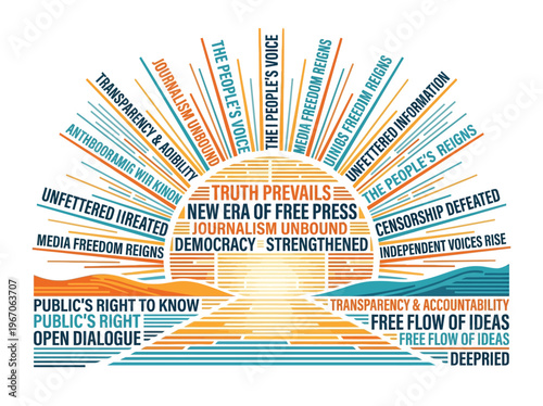 Conceptual Flat Vector Illustration of a Rising Sun of News and Ideas, Symbolizing a Strengthened Free Press and Democracy