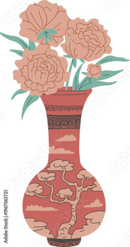 Elegant traditional Asian vase with flowers, vector antique pottery with tree and landscape painting, Chinese interior
