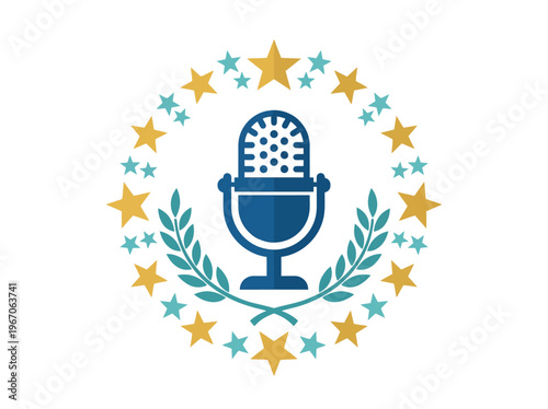 Global Broadcasting Icon: Vintage Microphone Emblem with Stars and Laurel Wreath, Representing Worldwide Audio Communication and Excellence