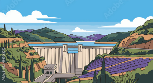 Large concrete dam with a reservoir and purple lavender fields