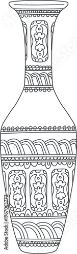 Outline drawing of a decorative vase with abstract ethnic patterns.