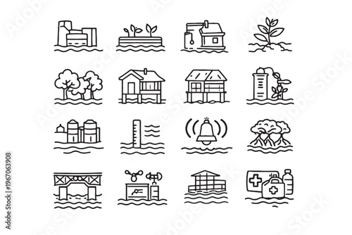 An array of conceptual illustrations depicting properties at risk from rising water levels, highlighting the challenges of environmental and geographical change.