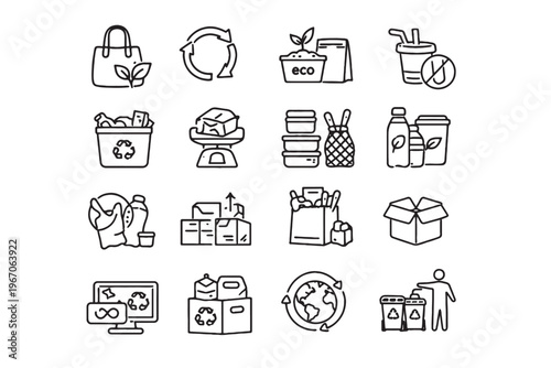 Illustrative icons for eco-friendly reusable items, recycling, and sustainable living, advocating for a greener future. 