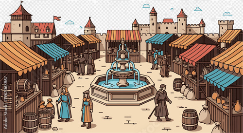 Medieval town square marketplace with a fountain and market stalls