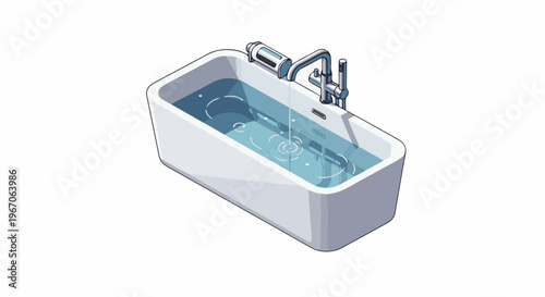 Modern bathtub filling with clear water from a chrome faucet